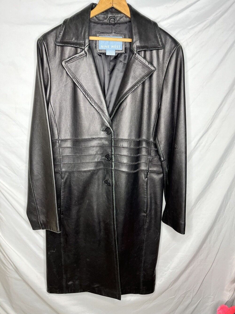 Nine West Black Leather Coat Tag Size XL 3 Button Closure Stitched Waist Accents